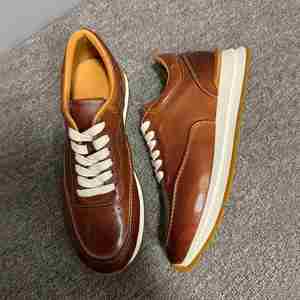 Baskets sportives en cuir marron délavé pour hommes, faites à la main, décontractées, à lacets, confortables, antidérapantes, légères, style streetwear, printemps - Product Image 2