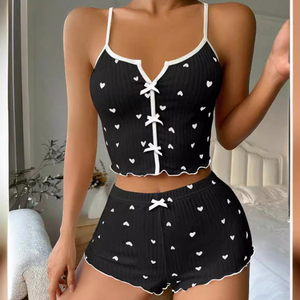 Sexy Heart Print <b>Pajama</b> <b>Set</b> for Women Sleepwear Silk Stain V-Neck Sleeveless Casual Cami Top and Shorts <b>Sets</b> Loungewear - Product Image 3