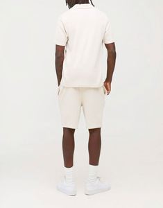 Casual Summer Breathable Printed Knitted Polyester/Cotton Stand <b>Collar</b> Bulk Tracksuit Slim Fit Waffle <b>Revere</b> Polo Shorts Set Men - Product Image 2