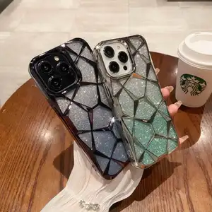 Casing ponsel Glitter gradien marmer TPU, casing penutup belakang ponsel TPU kualitas tinggi dengan Jam kertas untuk iPhone 15 14Pro 11 12 13Pro Max