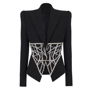 Nuovo e lussuoso <span class=keywords><strong>Blazer</strong></span> autunno con perline di cristallo da donna con motivo scintillante strass Oversize giacca giacca nera da donna - Product Image 1