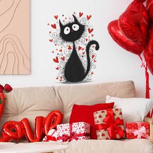 Autocollants muraux créatifs et romantiques en forme de chat noir avec cœur rouge, en vinyle, pour <span class=keywords><strong>chambre</strong></span> à coucher, salle de bain, salon - Product Image 1