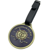 Porte-étiquette de golf rond en laiton antique avec logo en émail souple en relief, sangle en cuir véritable, porte-identité de voyage vintage en métal, souvenir de club de golf