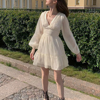 Automne nouveau Streaming brillant élégant soie français robe courte femmes taille haute Style à manches longues Satin teinte robe