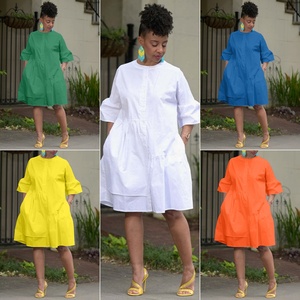 Vestidos de Verano Modernos D8584 para Mujer, Casuales, con Mangas Holgadas, Cuello Redondo, Color Sólido, Elegantes, Holgados, Tipo Camisa - Product Image 2