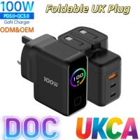 Cargador de Pared Tommox 100W GaN PD Plegable con Enchufe UK, 2C1A, Adaptador USB C con Pantalla TFT para Laptop, Tablet y Teléfono