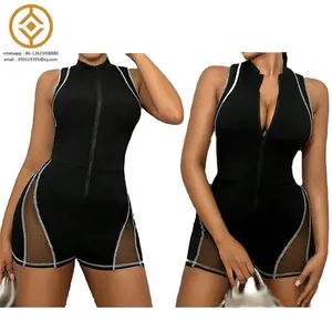 2024 New Spring Reverse Line Slim Fit Jumpsuits Patchwork Mesh Tight Romper Sports Sleeveless Short Jumpsuits