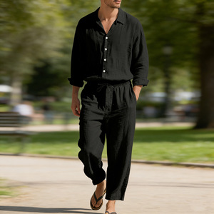 Completo Estivo Stile Americano in Lino per Uomo, Camicia <span class=keywords><strong>a</strong></span> Maniche Lunghe e Pantaloni Casual con Protezione Solare - Product Image 2