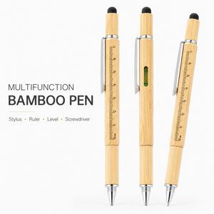 Bolígrafo Multifunción 6 en 1 de Bambú con Logotipo Personalizado, Ecológico, con Lápiz Táctil, Regla, Nivel, Destornillador y Herramienta Multiusos - Product Image 1