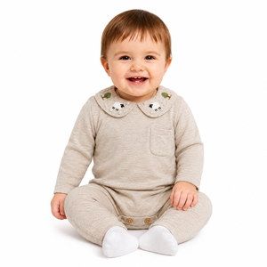 Combinaison Bébé Unisexe en Coton Côtelé à Manches Longues avec Col Peter Pan Brodé, Douce, Une Pièce, à Boutons Pression, Vente en Gros - Product Image 1