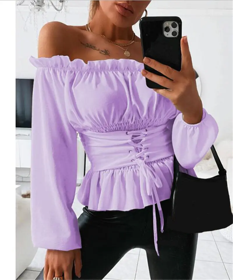 YP Womens Off Shoulder Top Long Sleeve Ruffle Vintage Blouse With Puff Sleeves Lace Up Ladies Tops Bandage