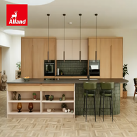 Meubles de cuisine minimalistes Japandi sur mesure en chêne, îlot de cuisine incurvé, étagères ouvertes, meubles de cuisine intégrés sur mesure avec appareils électroménagers