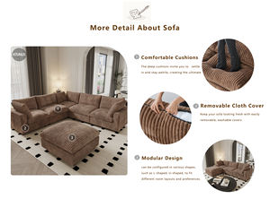 ATUNUS American Retro Modern Brown Modular Sectional 3 Seater Sofa Thick Striped Plush Corduroy Fabric <strong>Living</strong> <strong>Room</strong> Couch <strong>Set</strong> - Product Image 6
