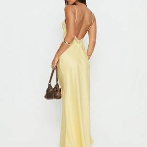 Elegant Pale Yellow Satin Maxi Dress, Thin <b>Spaghetti</b> Strap V Neck <b>Long</b> Dress for Women Wedding - Product Image 1