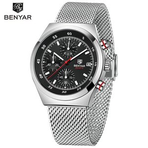 นาฬิกาโครโนกราฟ Benyar หน้าปัดสีน้ำเงิน สายสแตนเลสสตีลแบบตาข่าย แสดงวันที่ เรืองแสง นาฬิกาควอตซ์สำหรับผู้ชาย - Product Image 5