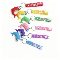 Porte-clés créatif en PVC souple en forme de dauphin de dessin animé avec dragonne pour souvenirs de plage