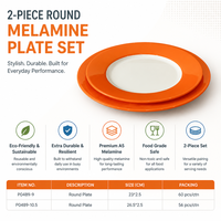 Ensemble de 2 assiettes plates en mélamine, centre blanc, bord large orange vif, tailles 23 cm et 26,5 cm, qualité alimentaire, vente en gros, OEM