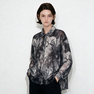 Women's Bohemian mesh Blouse <b>Long</b> Sleeve Turn-down Collar Sheer Plant Print Loose Fit Spring Summer <b>Top</b> - Product Image 6