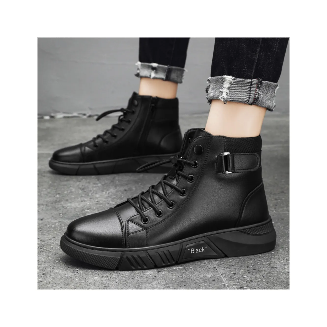 Moda de moda base de cuero de alta calidad primavera otoño hombres botas altas estudiante moda trabajo negro PU botas