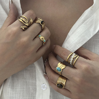 Ensemble de bagues RINHOO en acier inoxydable, style vintage français, feuille, plume, turquoise, œil de tigre, bijoux empilables pour femmes, cadeau