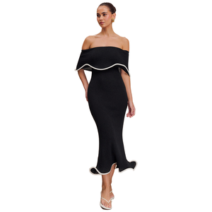 <span class=keywords><strong>Robe</strong></span> midi formelle décontractée élégante pour femmes, <span class=keywords><strong>bustier</strong></span> sans bretelles à volants et épaules dénudées, <span class=keywords><strong>robe</strong></span> longue de soirée <span class=keywords><strong>noire</strong></span> - Product Image 1