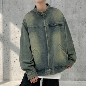 Veste en jean délavée de style américain unisexe, design rétro avec fermeture éclair, veste cargo de baseball à dégradé, col montant - Product Image 3