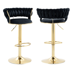 Modern Black Velvet Woven Bar <b>Stool</b>, Adjustable Swivel High Chair with Gold Base & Footrest for Kitchen - Product Image 3