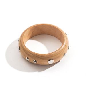 Vintage Wooden <b>Bangle</b> <b>Bracelet</b> with Metal Studs Bohemian Style for Women - Product Image 1