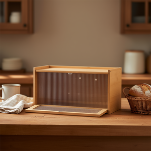 Panera de Bambú de Gran Capacidad con Panel de Puerta Acrílico Ondulado, Contenedor de Almacenamiento de Pan de Madera Estilo Rústico para Cocina, Rectangular de Una Sola Capa - Product Image 2