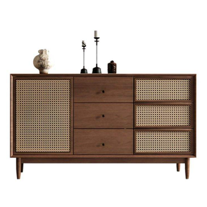 Sublimez votre espace avec cette armoire buffet minimaliste, fabriquée en teck massif et ornée de rotin naturel tressé. - Product Image 1