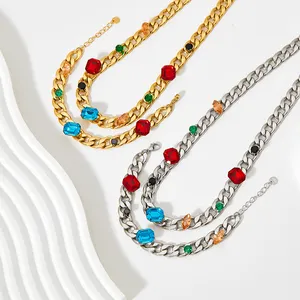 Newest Stainless Steel Geometric Rhinestone Rainbow Cz Diamond Cuban Chain Bracelet Necklace Jewelry Set