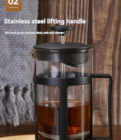 Cafetière à piston moderne avec couvercle et filtre manuel en verre borosilicate de haute qualité 350ml/600ml/800ml pour café, thé et mousse de lait