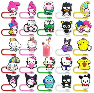 Cute Silicone Reusable 8mm 10mm 12mm Drinking Straws Birthday Party Gifts Straw Covers Cap Hello Portable Kitty Straw Toppers