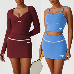 Abito da palestra personalizzato di marca privata <span class=keywords><strong>abbigliamento</strong></span> <span class=keywords><strong>sportivo</strong></span> da <span class=keywords><strong>donna</strong></span> di alta qualità colore che blocca manica lunga scollo a V set gonna da Yoga - Product Image 1