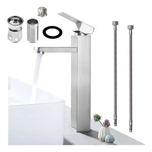 Robinet de salle de bain à levier unique pour lavabo carré, en acier inoxydable 304, avec tuyau d'alimentation en eau inclus - Product Image 1