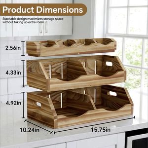 Panier <span class=keywords><strong>de</strong></span> rangement 3 niveaux en bois massif pour pommes <span class=keywords><strong>de</strong></span> <span class=keywords><strong>terre</strong></span> et oignons, corbeille à fruits et légumes empilable pour comptoir <span class=keywords><strong>de</strong></span> cuisine avec plateau supérieur à 4 compartiments - Product Image 2