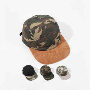 Gorra <span class=keywords><strong>de</strong></span> Camuflaje Vintage <span class=keywords><strong>de</strong></span> Cinco Paneles con Correa <span class=keywords><strong>de</strong></span> Cuero Ajustable, Visera <span class=keywords><strong>de</strong></span> Sarga y Gamuza, Estilo Campamento - Product Image 1