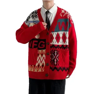 Holonitrile Fashion Autumn Winter Bear Snowflake Cartoon Christmas Button cardigan sweater Men