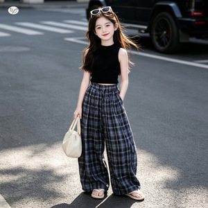 Pantaloni <span class=keywords><strong>cargo</strong></span> a gamba larga a quadri estivi per ragazze, repellenti per zanzare, casual, vestibilità ampia, per bambini - Product Image 2