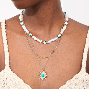 สร้อยคอชั้น3ชิ้นสไตล์โบฮีเมียนโลหะแนววินเทจสีบล็อกสีฟ้าครามดวงตาและดวงอาทิตย์สำหรับวันหยุด - Product Image 2