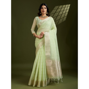 Women's Light <b>Green</b> <b>Silk</b> Saree With Checkered Pattern Traditional Ethnic Wedding Wear India Pakistan Style Regular Fit - Product Image 2