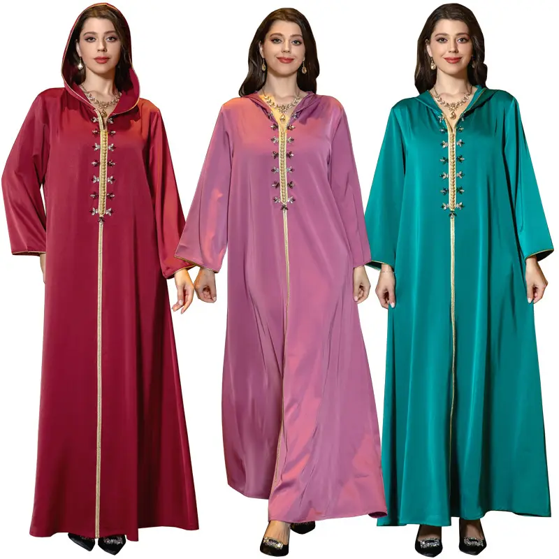 Phổ biến v-cổ Rhinestone abaya ăn mặc với mũ cho phụ nữ thobe Trung Đông Thổ Nhĩ Kỳ Dubai Maxi Dress