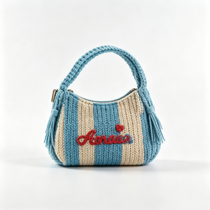 Sac à main tricoté rayé jaune beige personnalisé, petit sac à bandoulière au crochet, sac à main tricoté avec broderie lettre cœur - Product Image 3