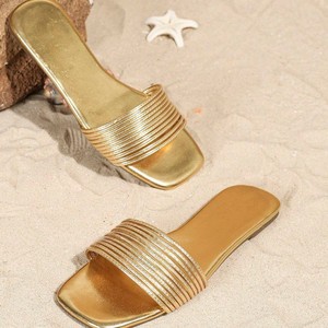 Sandalias planas de estilo hada con punta cuadrada y dorada, sin talón, para mujer, novedad de verano 2026 - Product Image 1