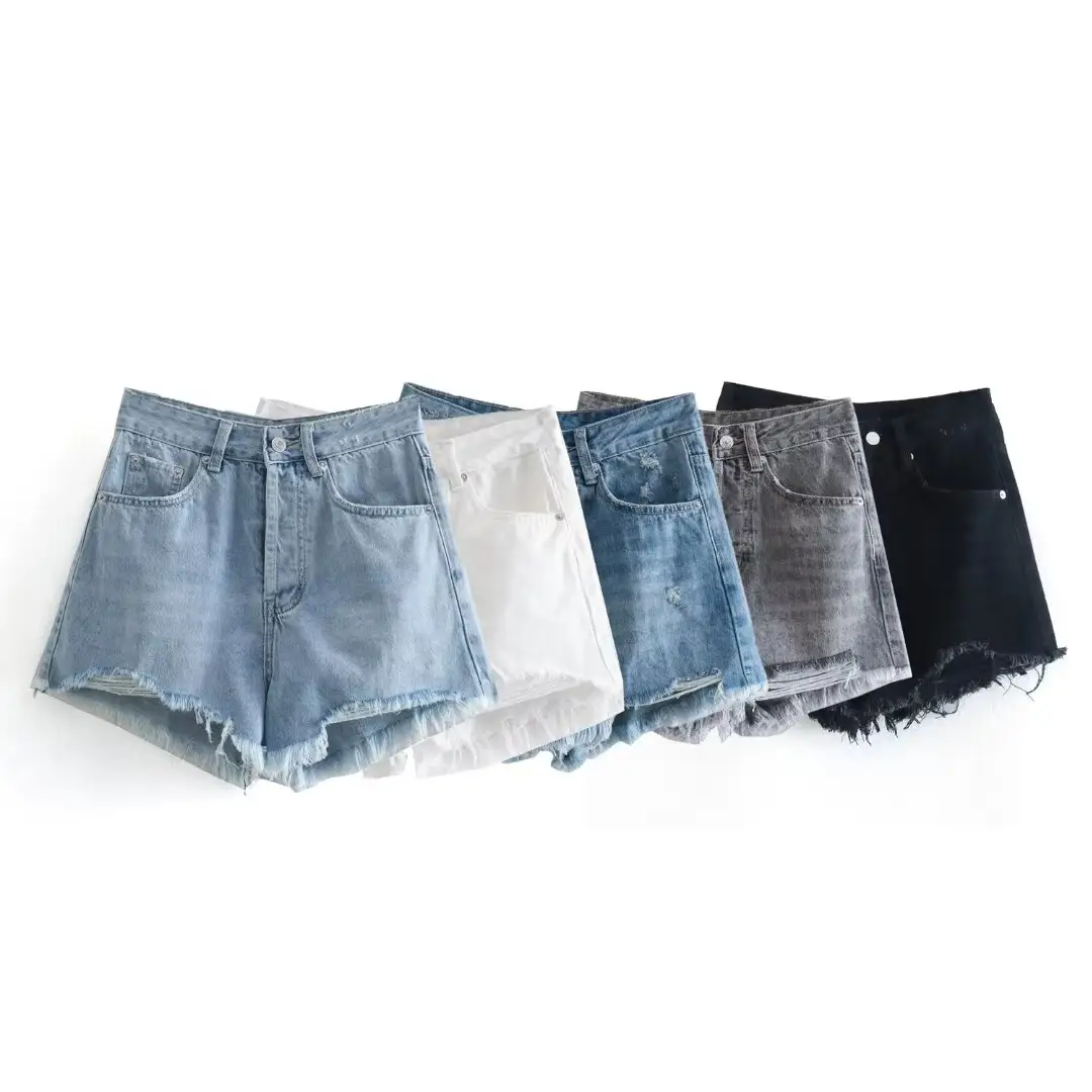 MYST ZA 2023 Outono e Inverno Novo Estilo das Mulheres Rasgado Borda Raw Decorativa Perna Larga Direta Cintura Alta Denim Shorts 4365201