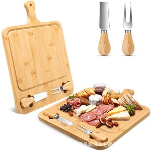 Bamboo <b>Cheese</b> Board With <b>Knife</b> And Fork <b>Set</b> Natural Wood Color Durable For Serving Deli And <b>Cheese</b> - Product Image 1