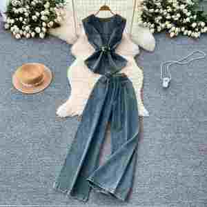 Ensemble décontracté d'été pour femme : Tunique sans manches à col en V en tissu uni et pantalon de jogging en jean taille haute, anti-plis - Product Image 1