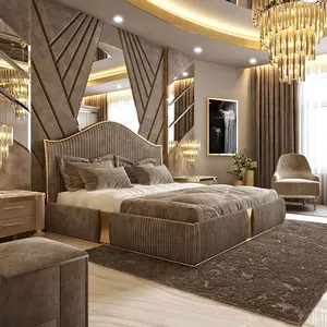 Оптовая продажа, набор мебели для спальни в отеле, деревянные двуспальные кровати большого размера с роскошным тканевым покрытием