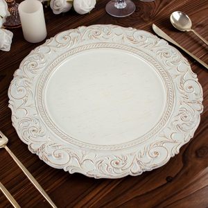 Assiettes <span class=keywords><strong>de</strong></span> présentation en plastique style antique 13 pouces, blanches, avec bordure florale en relief, <span class=keywords><strong>pour</strong></span> mariages, fêtes, Noël et service <span class=keywords><strong>de</strong></span> table - Product Image 1