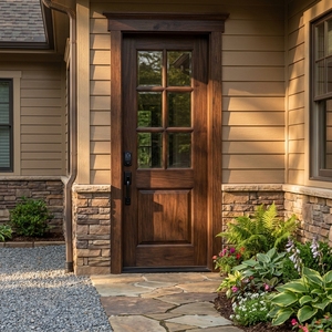 Puerta de Entrada Principal de Madera Sólida de Nogal Oscuro con Panel de Vidrio de 6 Paneles Estilo Americano con Cerradura Inteligente - Product Image 4